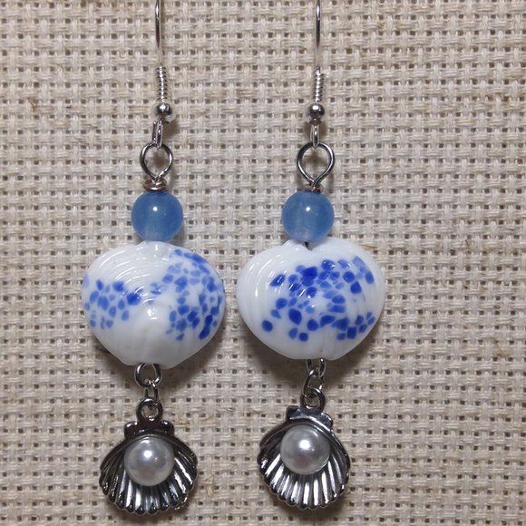 Blue Candy Jade with Shell & Pearl Earrings - Picture 3 of 7